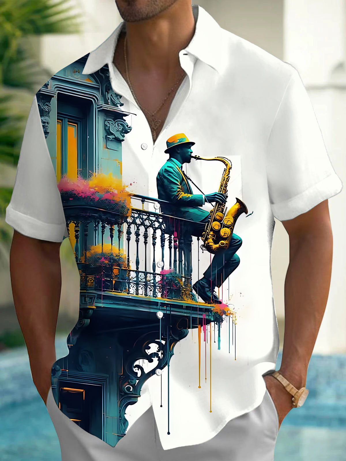 Adaychic Men's Graphic Saxophone Musician Print Short Sleeve Shirt with Chest Pocket
