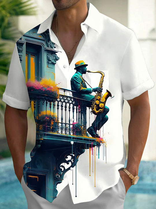 Adaychic Men's Graphic Saxophone Musician Print Short Sleeve Shirt with Chest Pocket