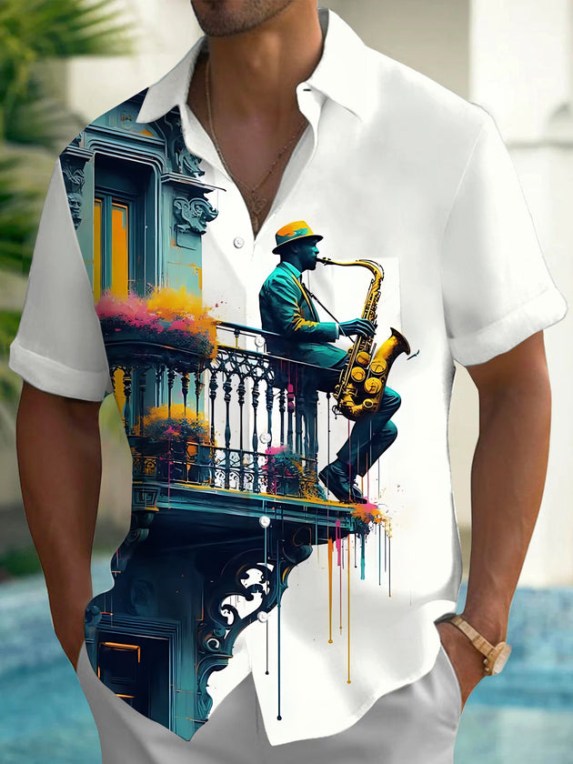 Adaychic Men's Graphic Saxophone Musician Print Short Sleeve Shirt with Chest Pocket