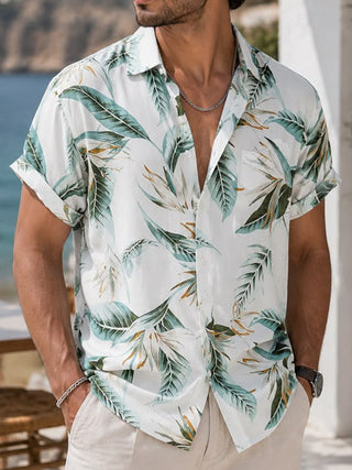 Adaychic Men's Hawaiian Tropical Leaf Print Short Sleeve Shirt with Chest Pocket