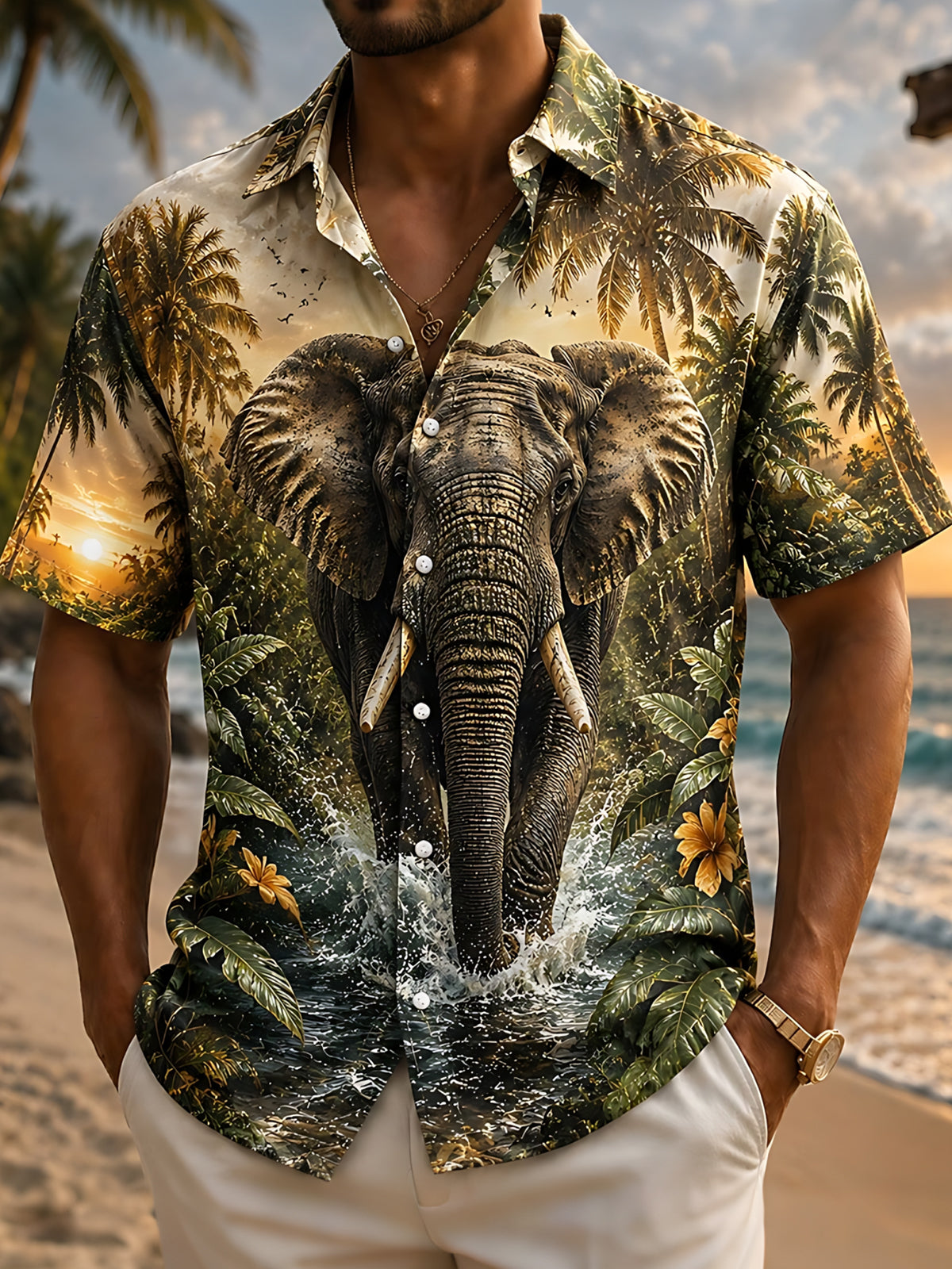 Adaychic Men's Hawaiian Elephant Print Short Sleeve Shirt with Chest Pocket