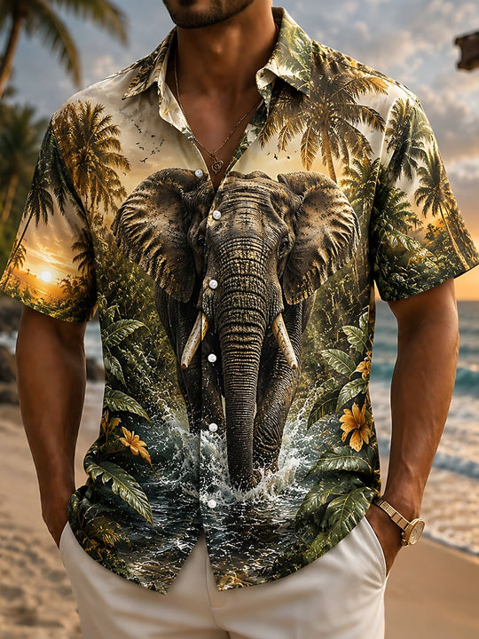 Adaychic Men's Hawaiian Elephant Print Short Sleeve Shirt with Chest Pocket