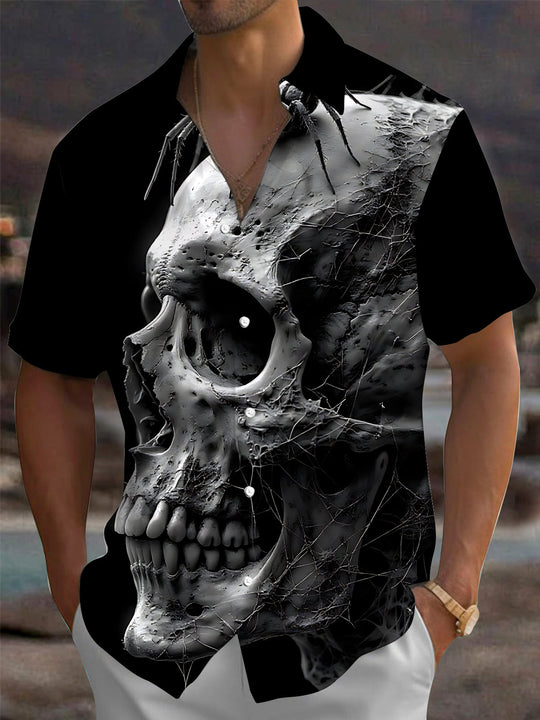 Adaychic Men's Graphic Skull Print Spider Print Short Sleeve Shirt with Chest Pocket
