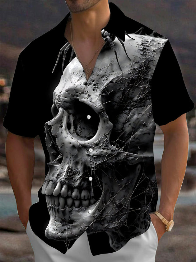 Adaychic Men's Graphic Skull Print Spider Print Short Sleeve Shirt with Chest Pocket