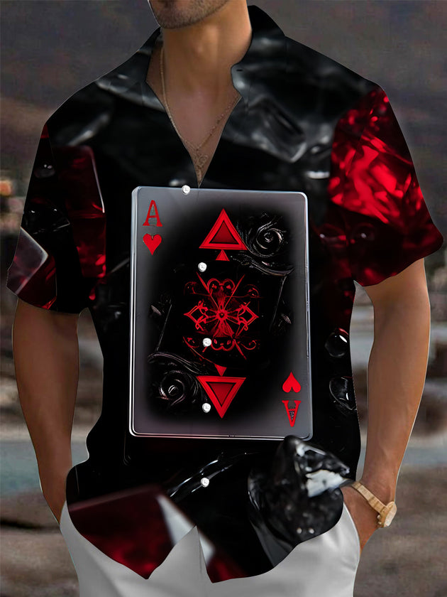 Adaychic Men's Graphic Poker Print Dark Print Short Sleeve Shirt with Chest Pocket