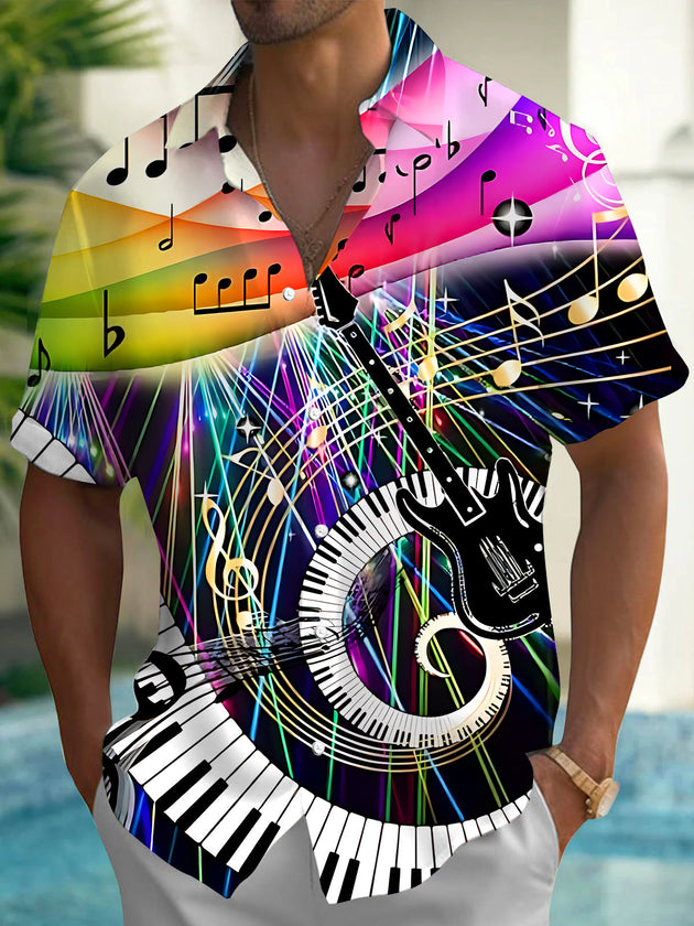 Adaychic Men's Hawaiian Music Notes Print Short Sleeve Shirt with Chest Pocket