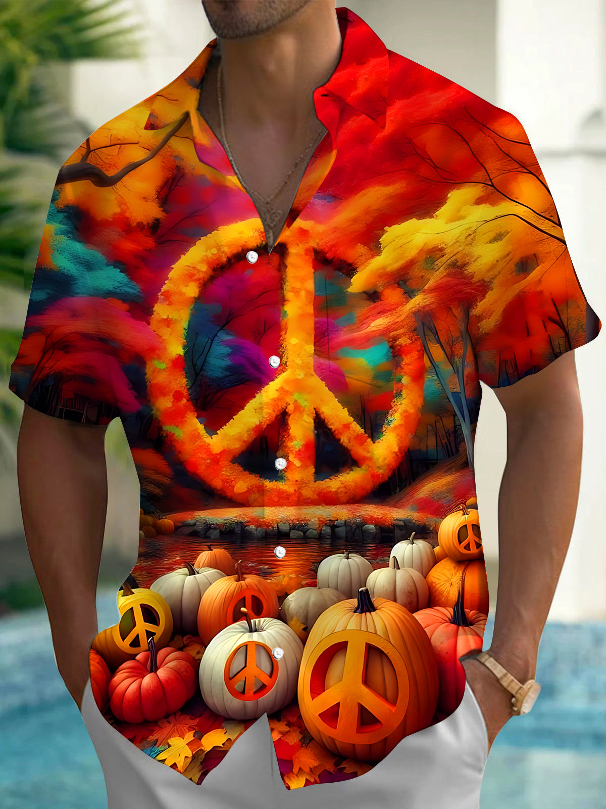 Adaychic Men's Graphic Autumn Peace Symbol Print Short Sleeve Shirt with Chest Pocket