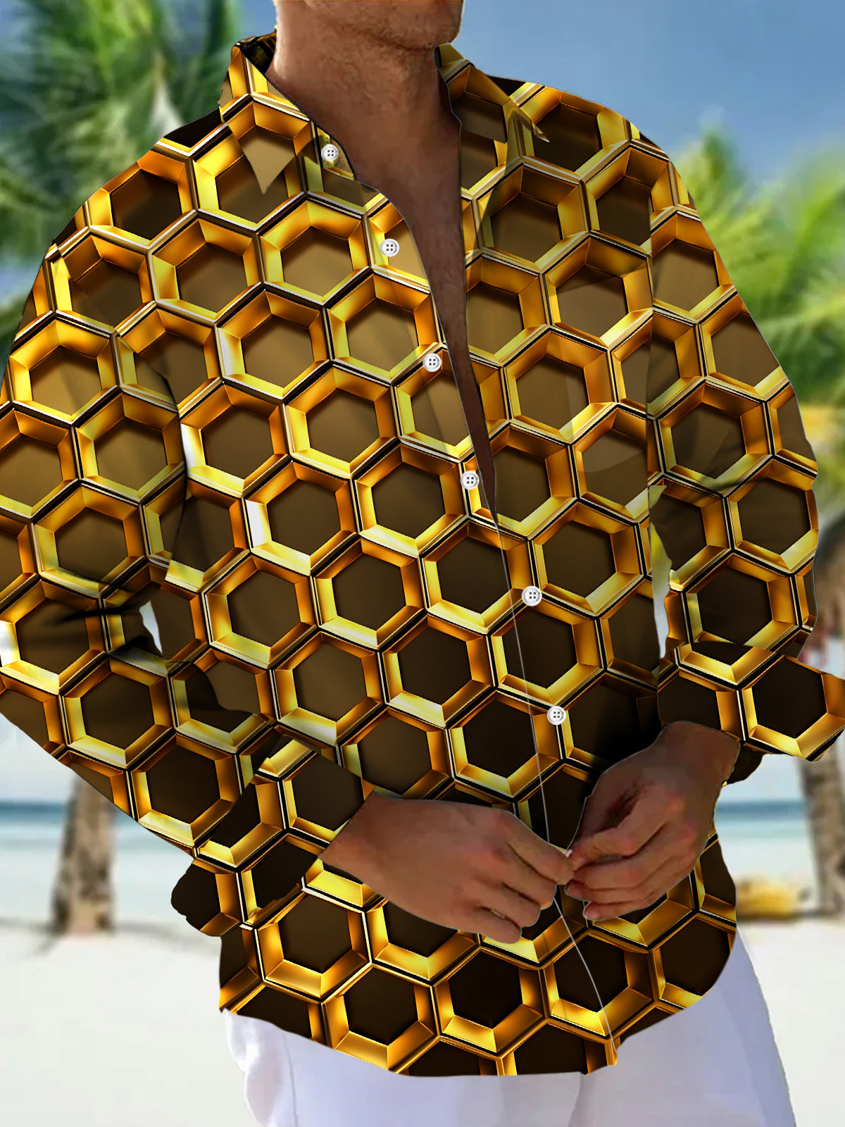 Adaychic Men's 3D 3D Gold Honeycomb Pattern Long Sleeve Shirt with Chest Pocket