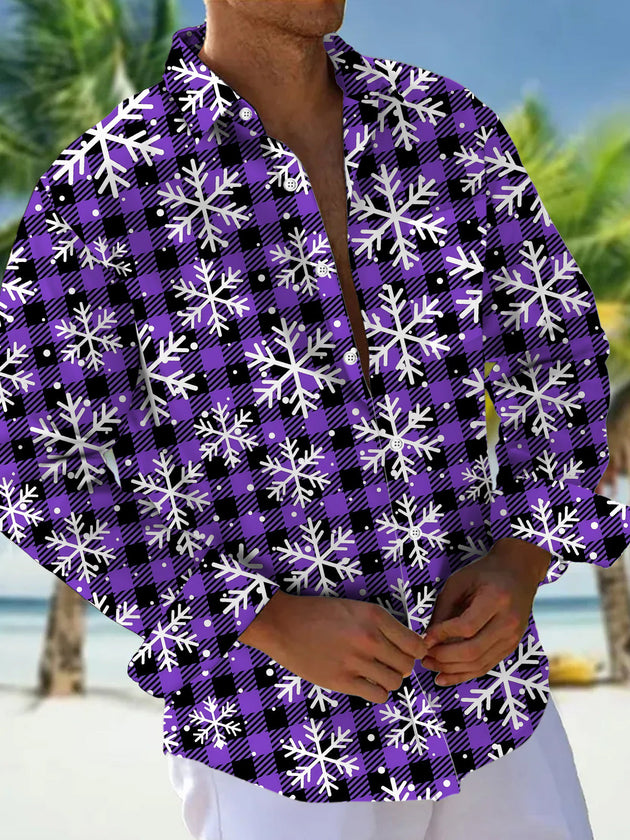 Adaychic Men's Printed Snowflake Pattern Long Sleeve Shirt with Chest Pocket