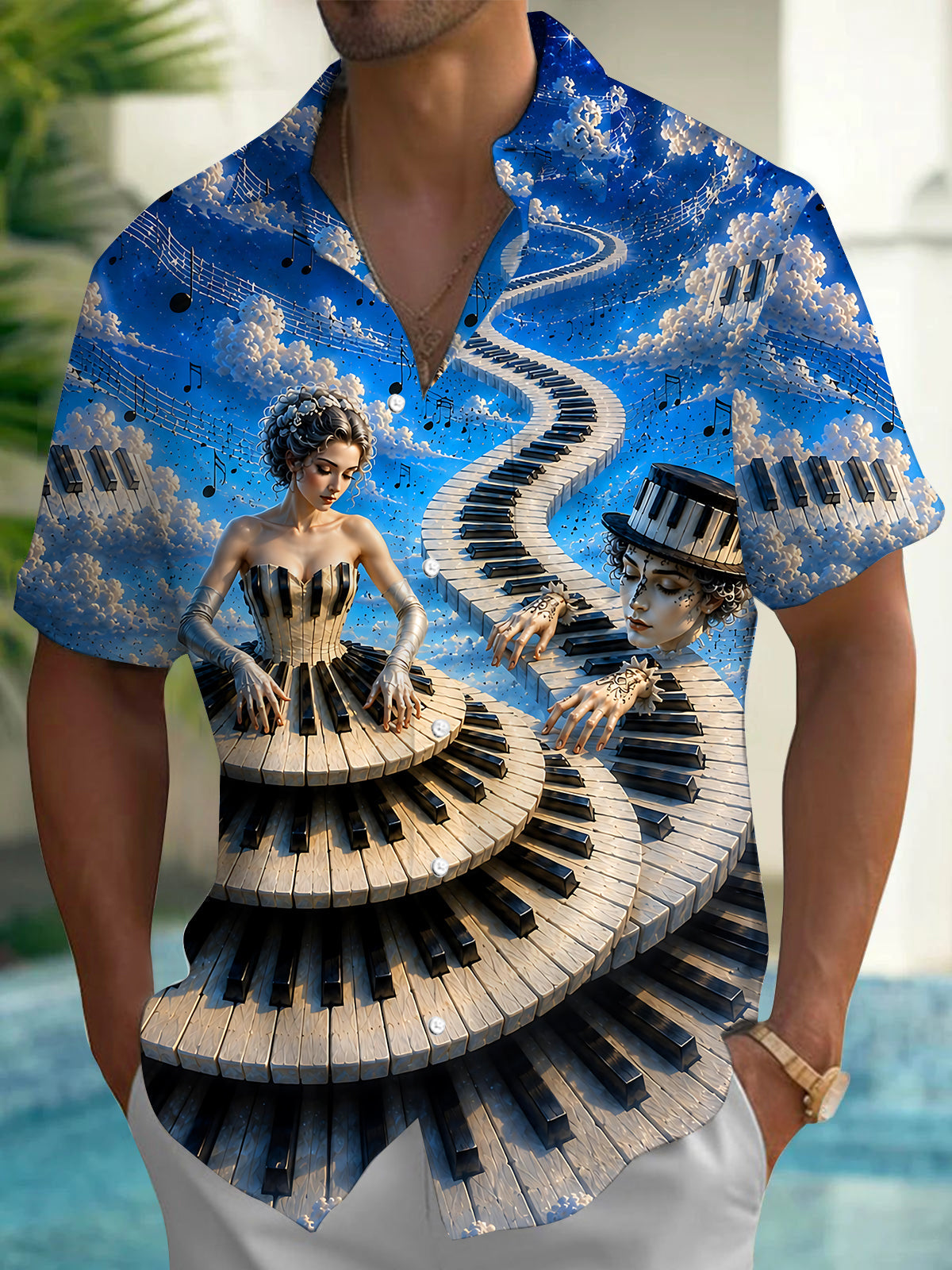 Adaychic Men's Graphic Musical Notes Print Music Print Short Sleeve Shirt with Chest Pocket