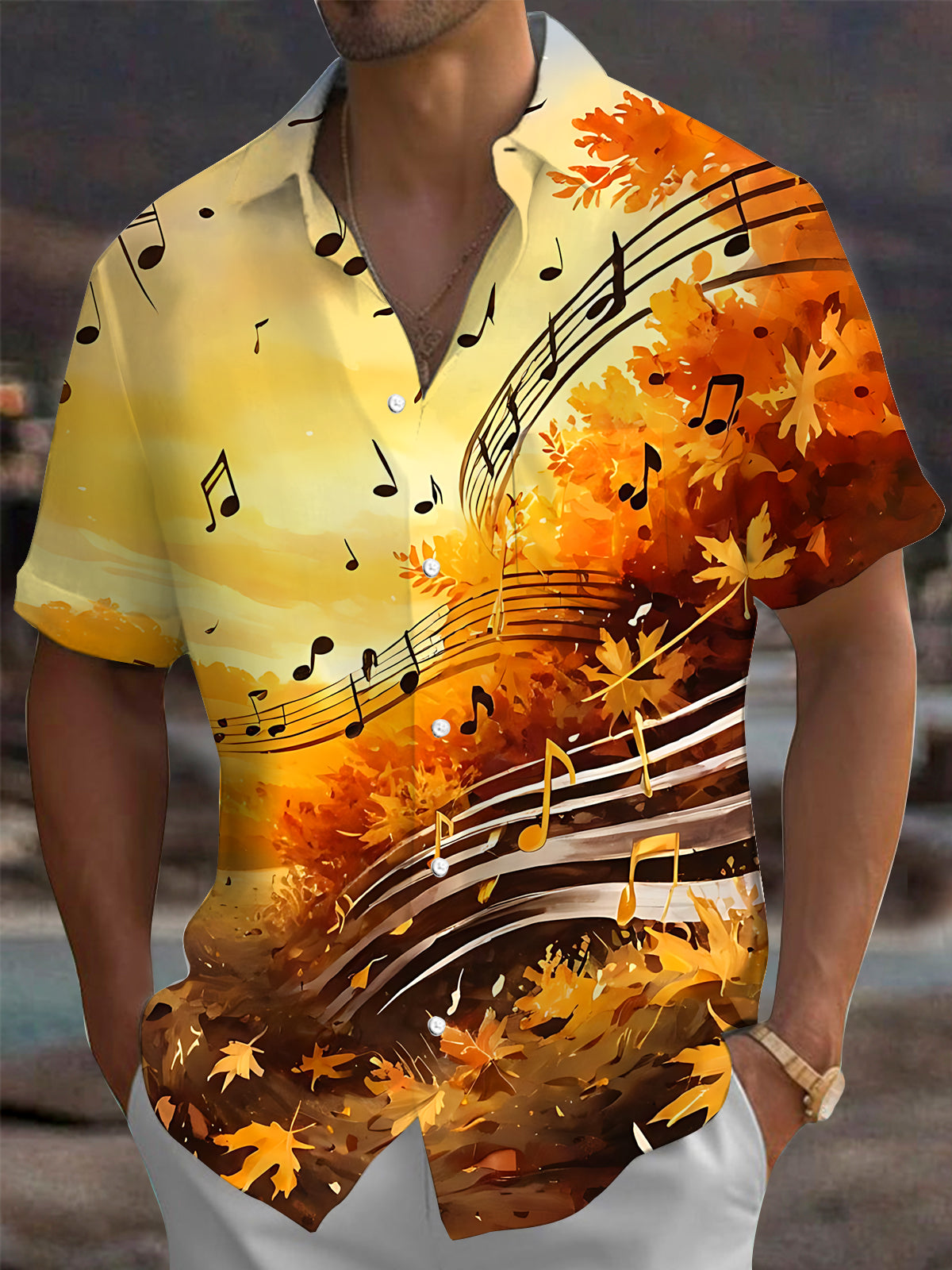 Adaychic Men's Graphic Autumn Maple Leaves Print Short Sleeve Shirt with Chest Pocket