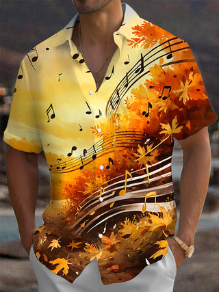 Adaychic Men's Graphic Autumn Maple Leaves Print Short Sleeve Shirt with Chest Pocket