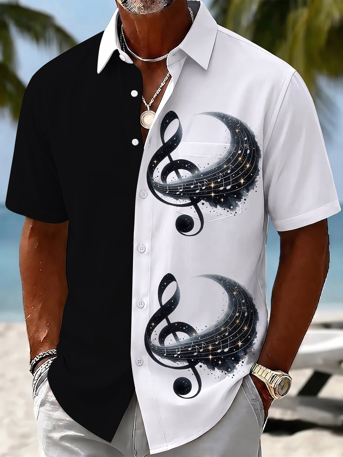 Adaychic Men's Graphic Musical Notes Print Treble Clef Print Short Sleeve Shirt with Chest Pocket