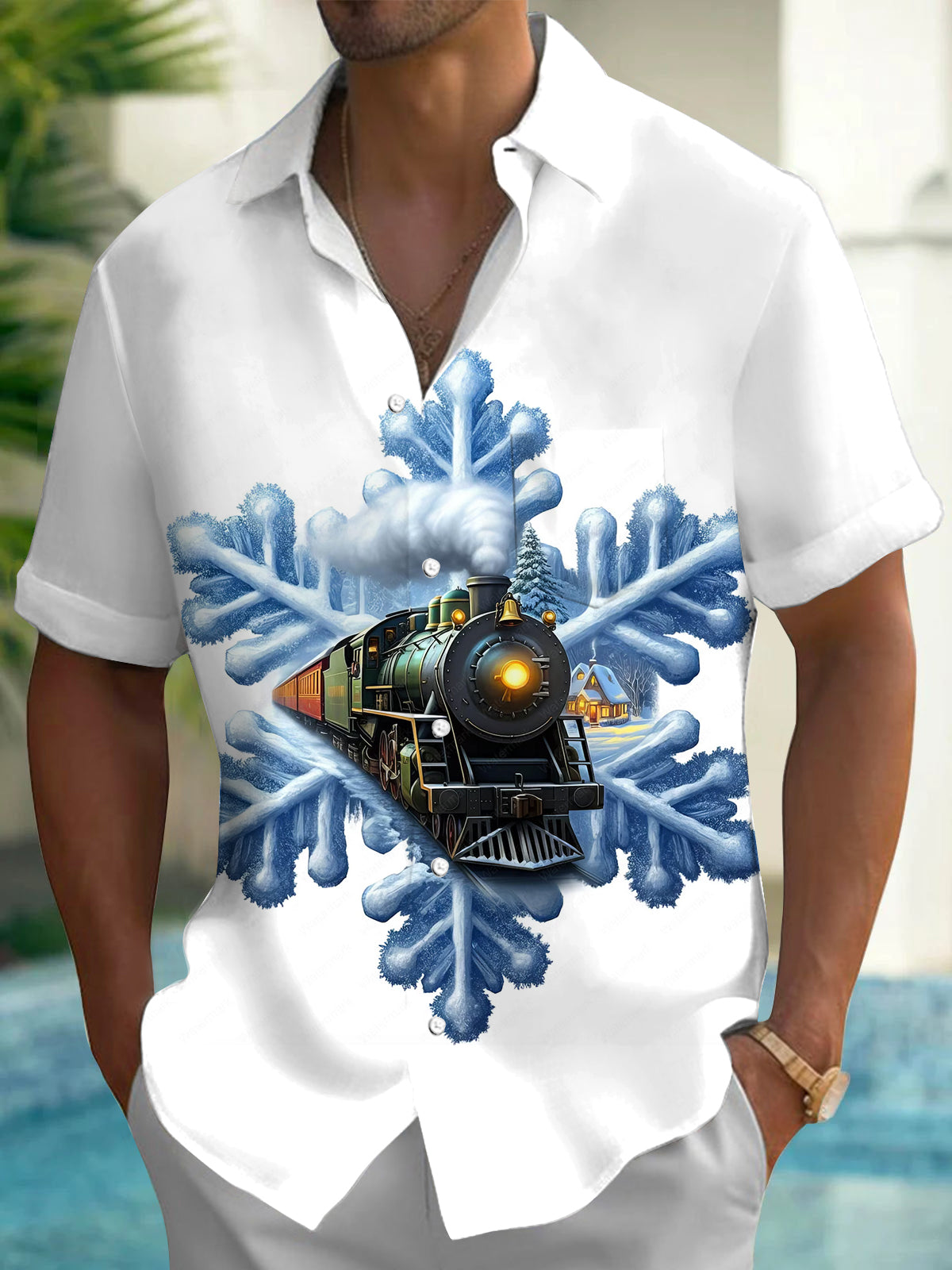 Adaychic Men's Graphic Snowflake Print Vintage Train Print Short Sleeve Shirt with Chest Pocket