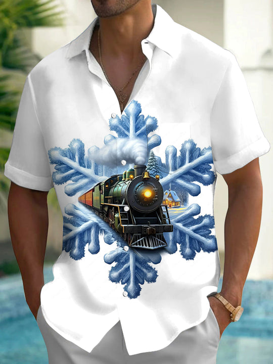 Adaychic Men's Graphic Snowflake Print Vintage Train Print Short Sleeve Shirt with Chest Pocket