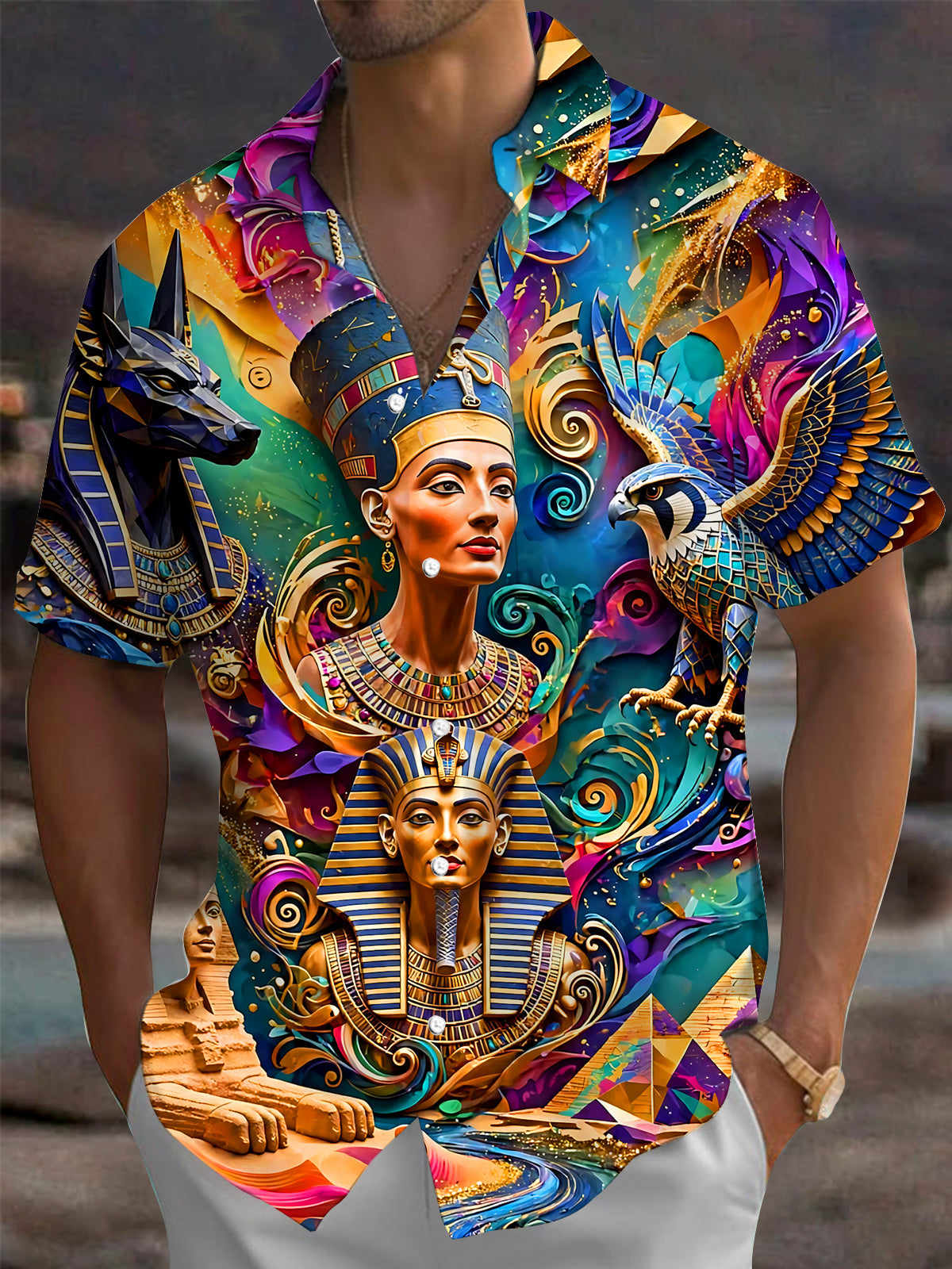 Adaychic Men's Vintage Style Ancient Egyptian Pharaoh Print Short Sleeve Shirt with Chest Pocket