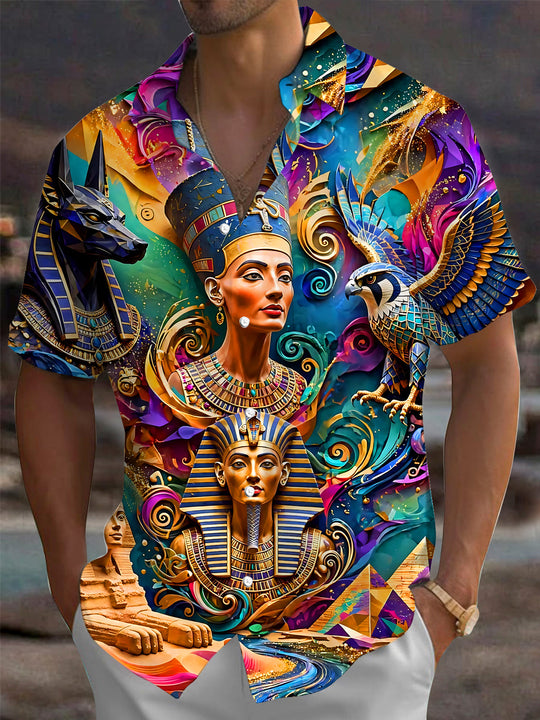 Adaychic Men's Vintage Style Ancient Egyptian Pharaoh Print Short Sleeve Shirt with Chest Pocket