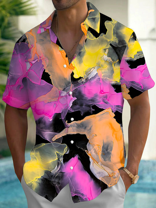 Adaychic Men's Printed Abstract Colorful Swirls Print Short Sleeve Shirt with Chest Pocket