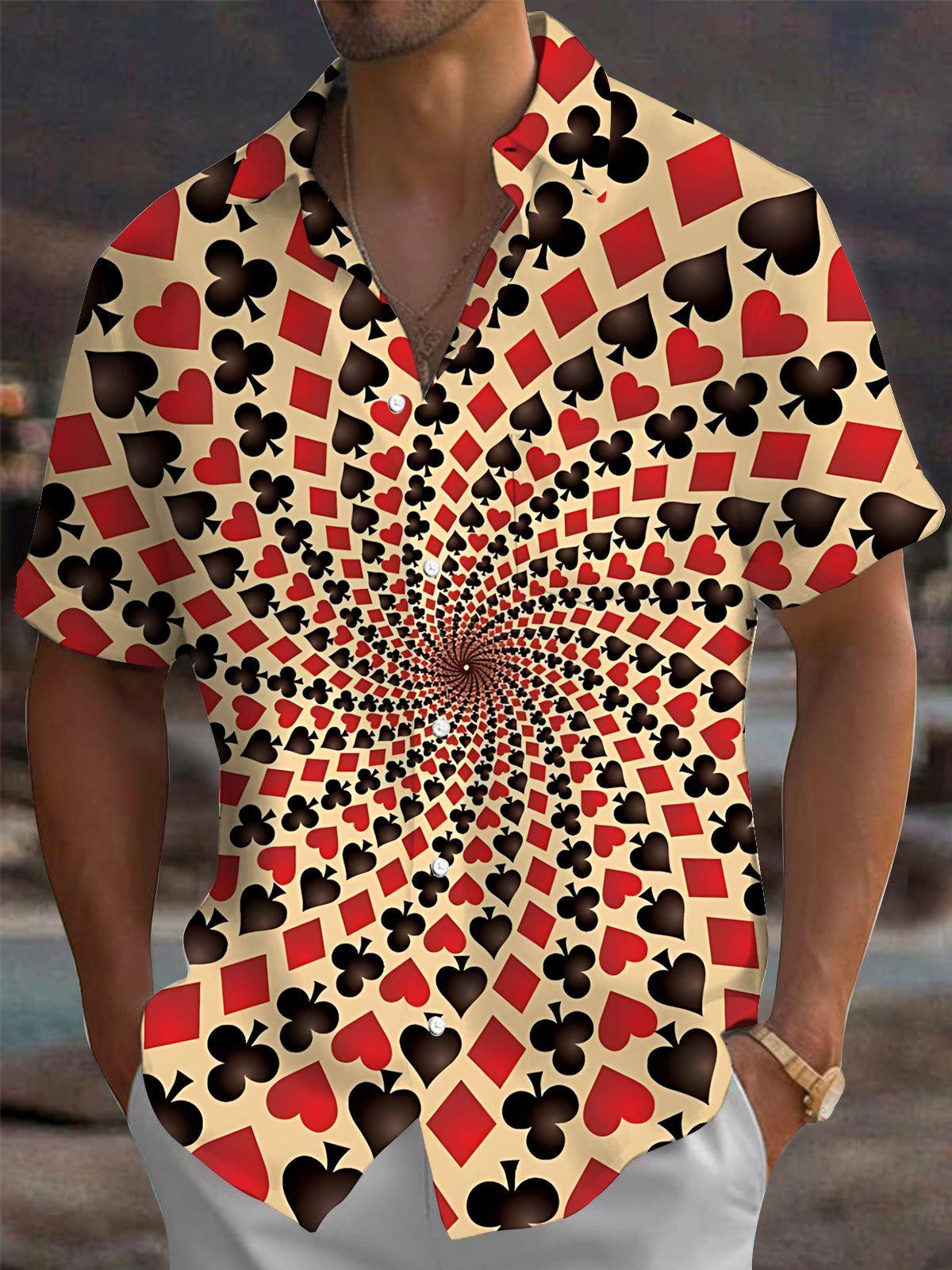Adaychic Men's Printed Spiral Poker Print Card Suits Pattern Short Sleeve Shirt with Chest Pocket