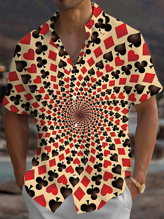 Adaychic Men's Printed Spiral Poker Print Card Suits Pattern Short Sleeve Shirt with Chest Pocket