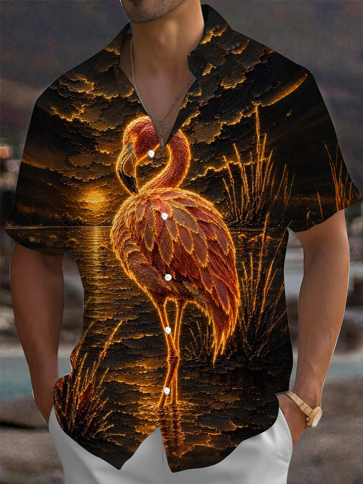 Adaychic Men's Hawaiian Flamingo Sunset Print Short Sleeve Shirt with Chest Pocket