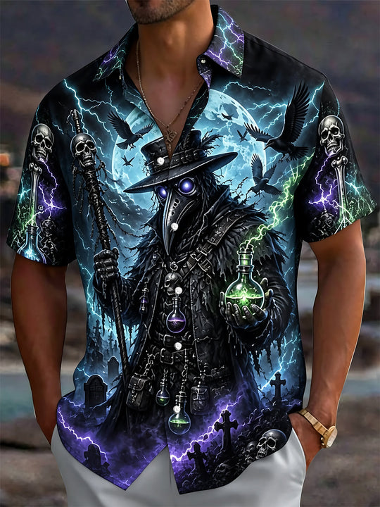 Adaychic Men's Graphic Plague Doctor Print Short Sleeve Shirt with Chest Pocket