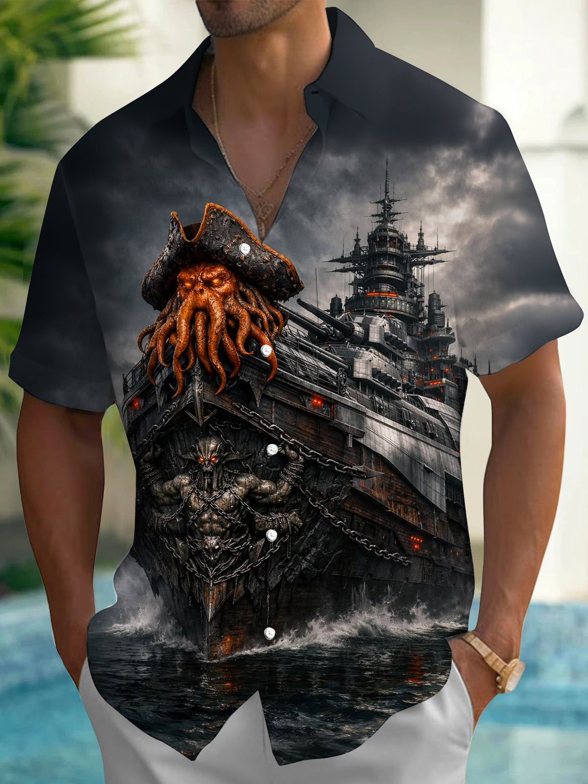 Adaychic Men's Graphic Fantasy Print Dark Fantasy Print Short Sleeve Shirt with Chest Pocket