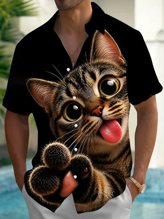 Adaychic Men's Graphic 3D Cat Print Tabby Cat Face Print Short Sleeve Shirt with Chest Pocket