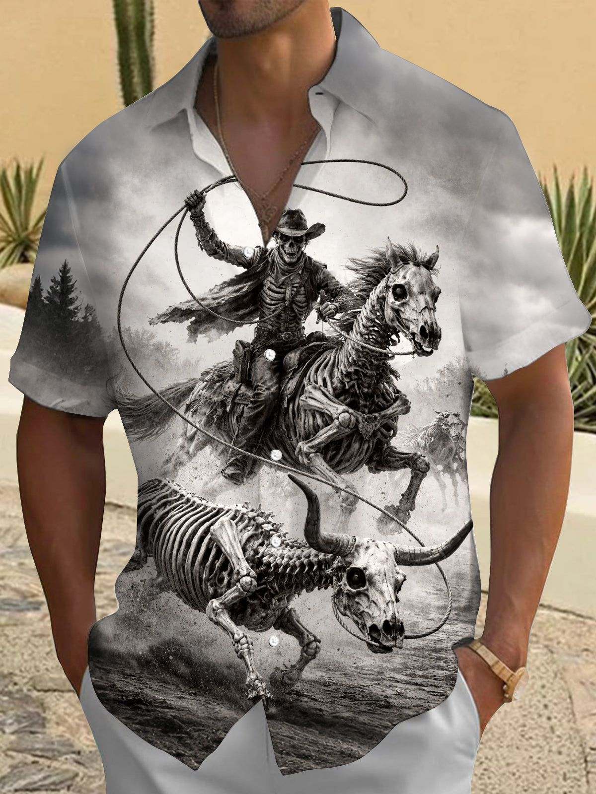 Adaychic Men's Graphic Skeleton Cowboy Print Short Sleeve Shirt with Chest Pocket