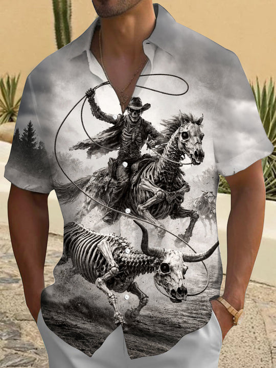 Adaychic Men's Graphic Skeleton Cowboy Print Short Sleeve Shirt with Chest Pocket