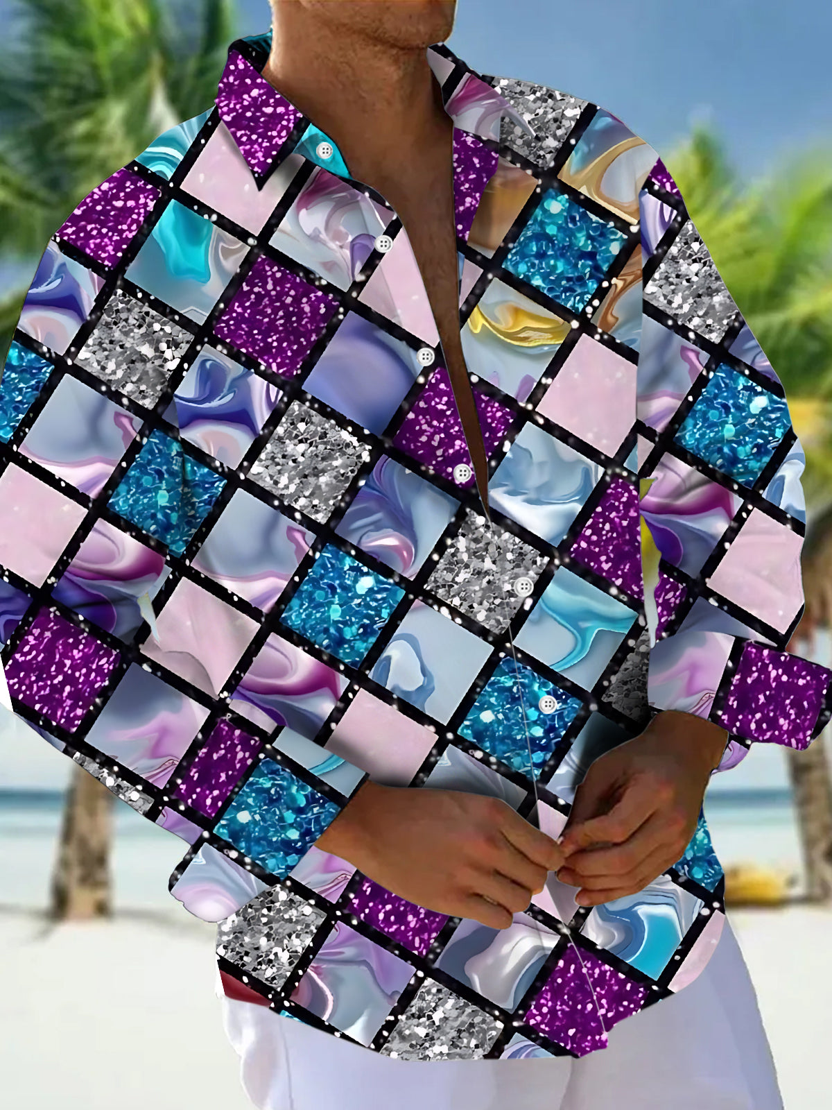 Adaychic Men's Printed Geometric Grid Pattern Long Sleeve Shirt with Chest Pocket