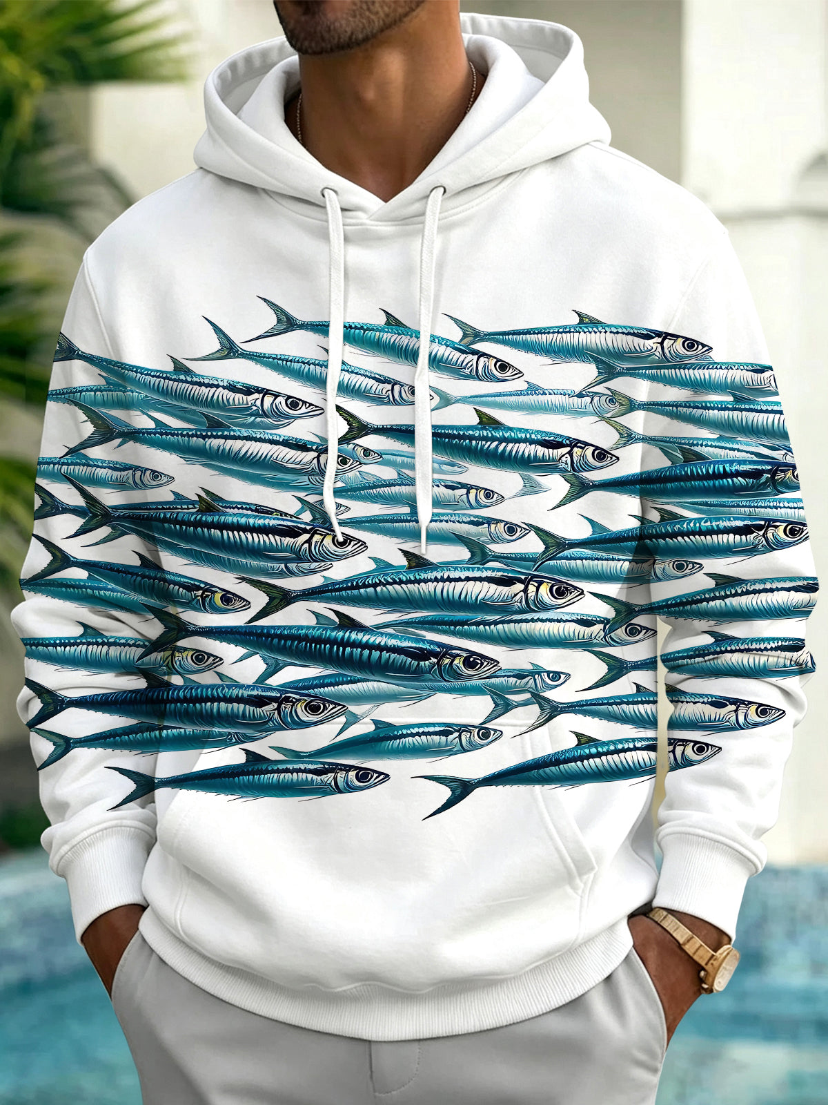 Adaychic Men's Printed School Of Fish Print Long Sleeve Hoodie with Chest Pocket