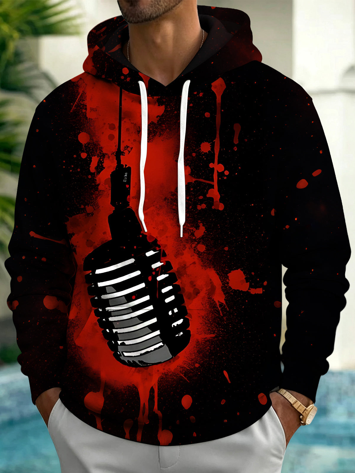 Adaychic Men's Graphic Red Splatter Background Print Long Sleeve Hoodie with Chest Pocket