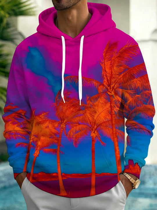 Adaychic Men's Graphic Palm Tree Sunset Print Long Sleeve Hoodie with Chest Pocket