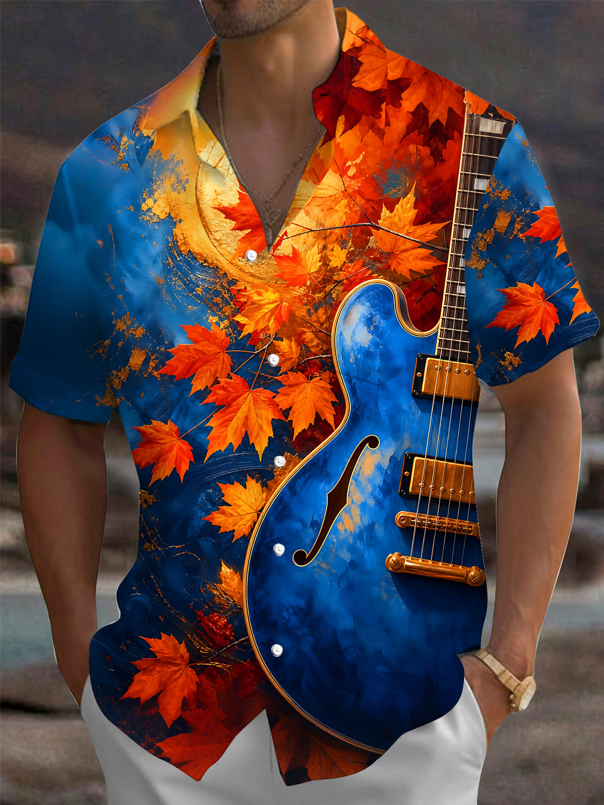 Adaychic Men's Graphic Autumn Maple Leaves Print Short Sleeve Shirt with Chest Pocket