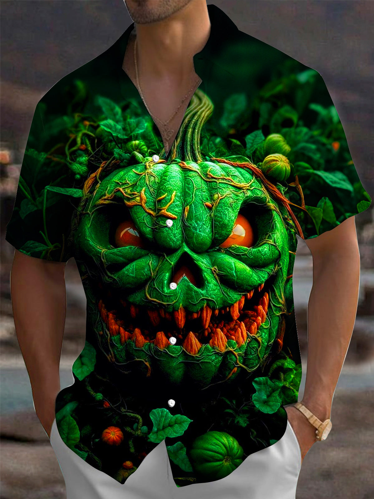 Adaychic Men's Graphic Halloween Pumpkin Face Print Short Sleeve Shirt with Chest Pocket