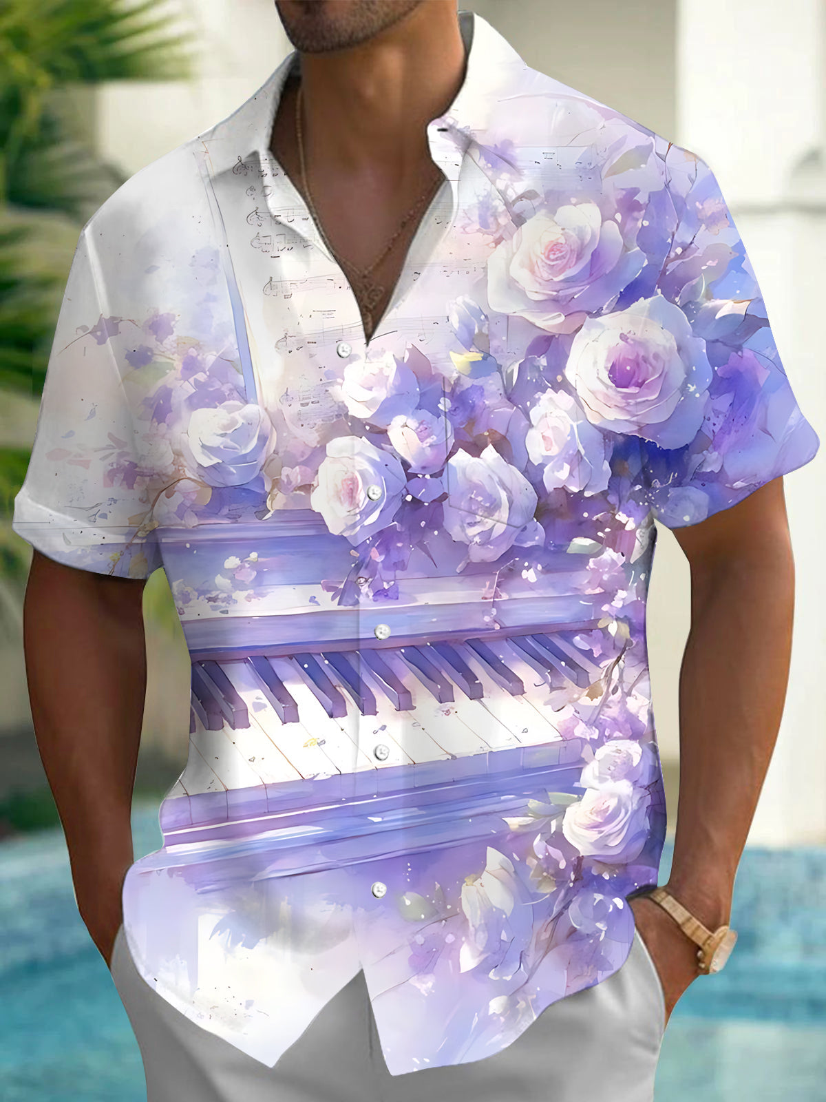 Adaychic Men's Printed Watercolor Roses Print Short Sleeve Shirt with Chest Pocket