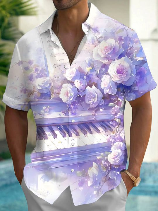Adaychic Men's Printed Watercolor Roses Print Short Sleeve Shirt with Chest Pocket