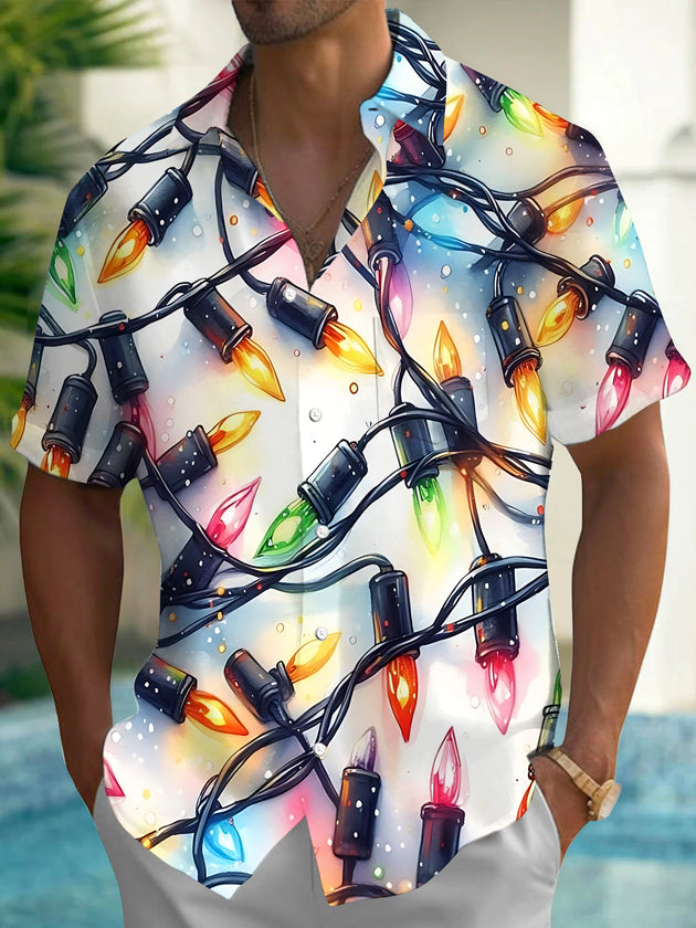 Adaychic Men's Hawaiian Christmas Lights Print Short Sleeve Shirt with Chest Pocket