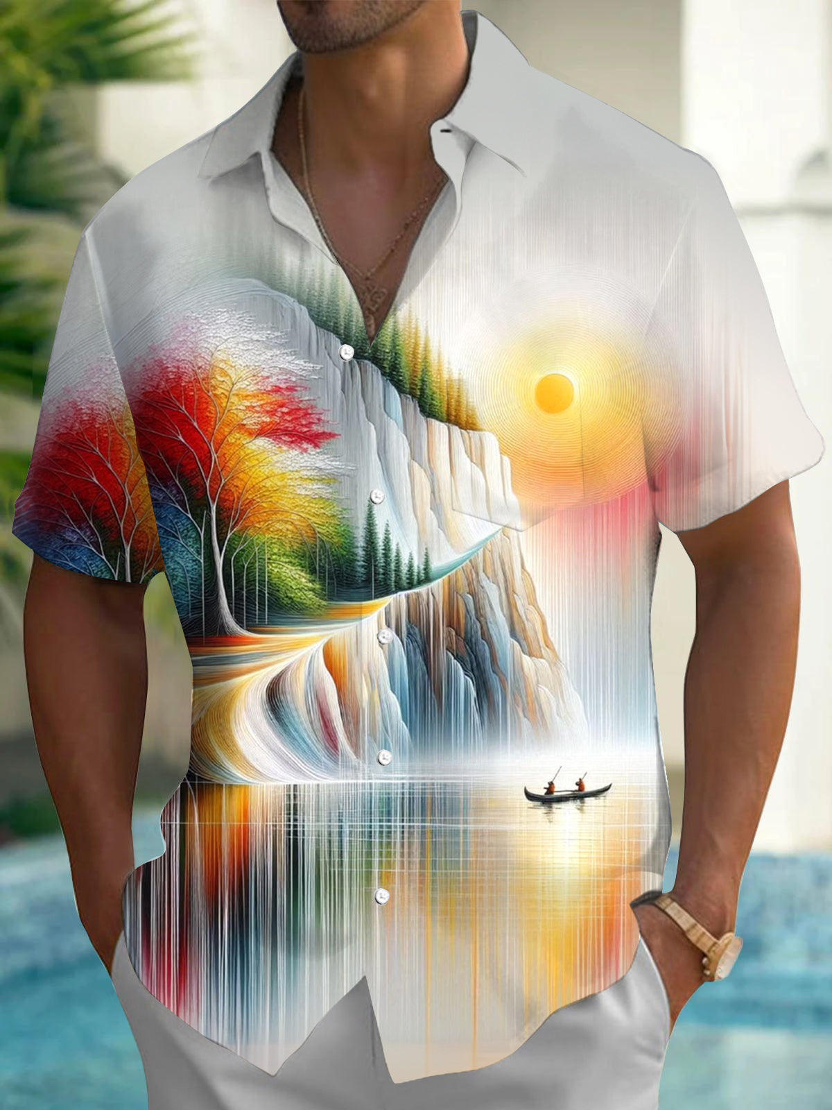 Adaychic Men's Printed Abstract Landscape Print Short Sleeve Shirt with Chest Pocket