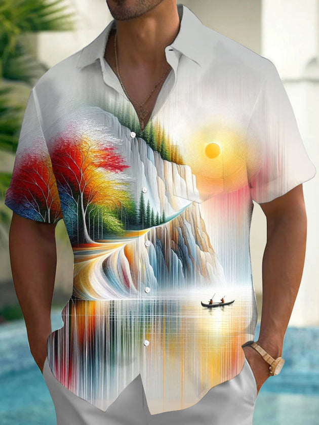 Adaychic Men's Printed Abstract Landscape Print Short Sleeve Shirt with Chest Pocket