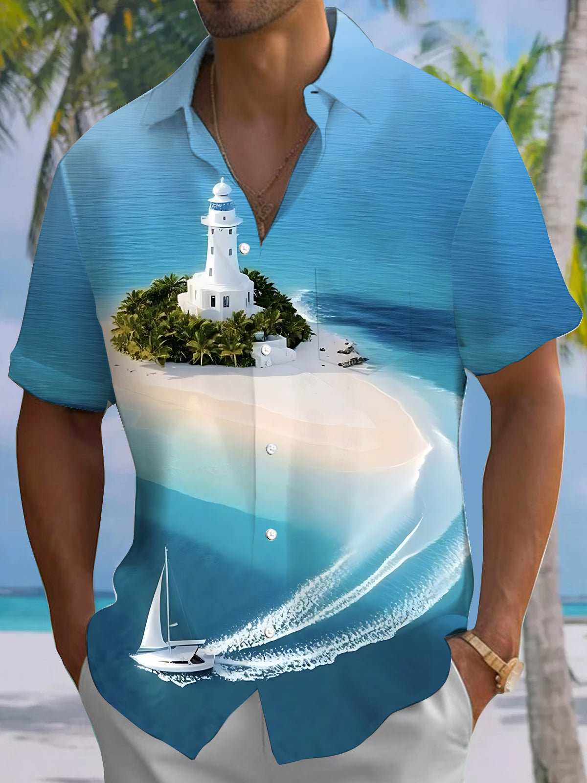 Adaychic Men's Hawaiian Lighthouse Island Print Short Sleeve Shirt with Chest Pocket