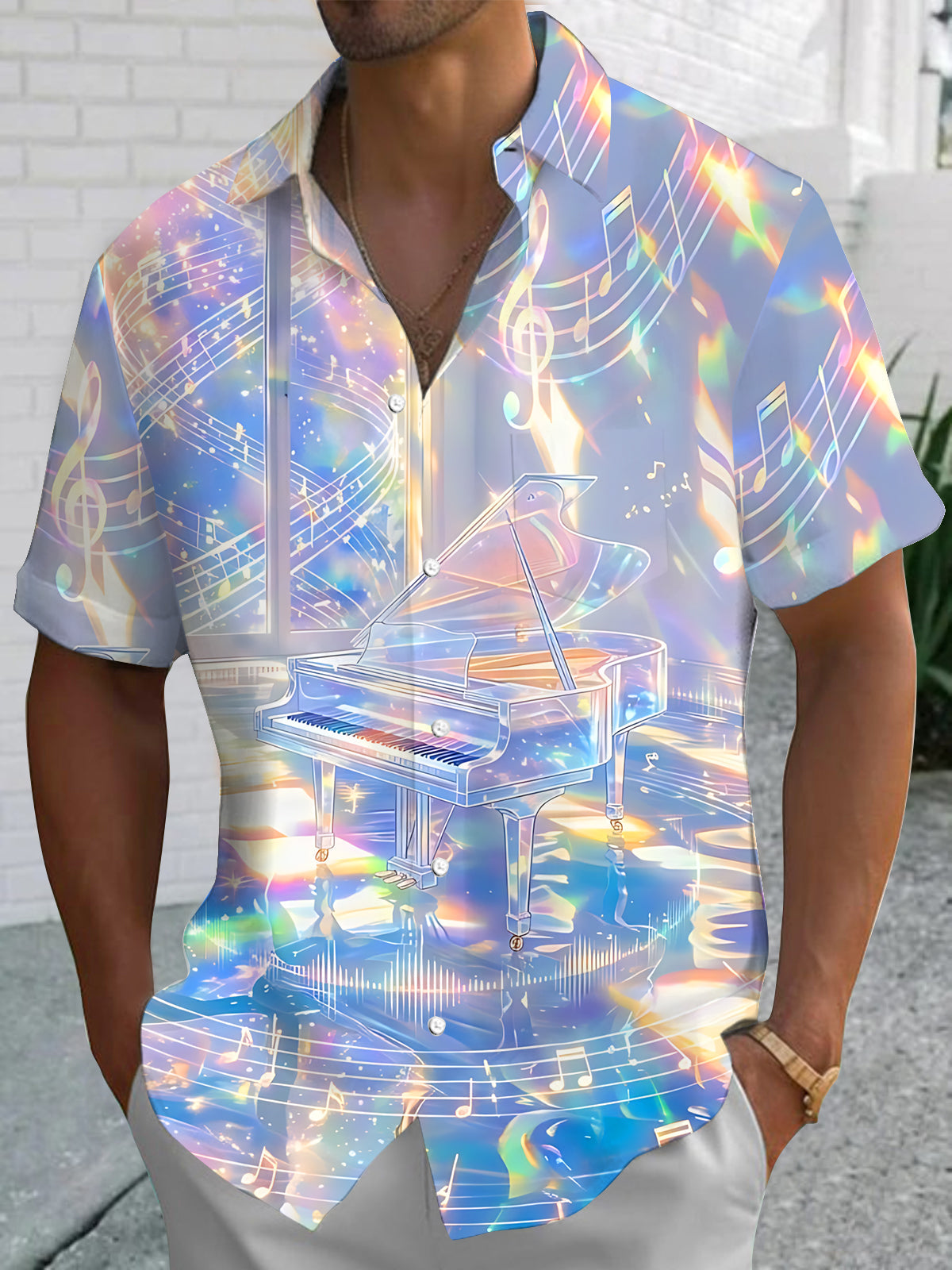 Adaychic Men's Graphic Piano Print Musical Notes Print Short Sleeve Shirt with Chest Pocket