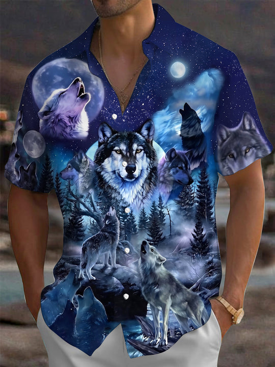 Adaychic Men's Hawaiian Howling Wolves Print Short Sleeve Shirt with Chest Pocket