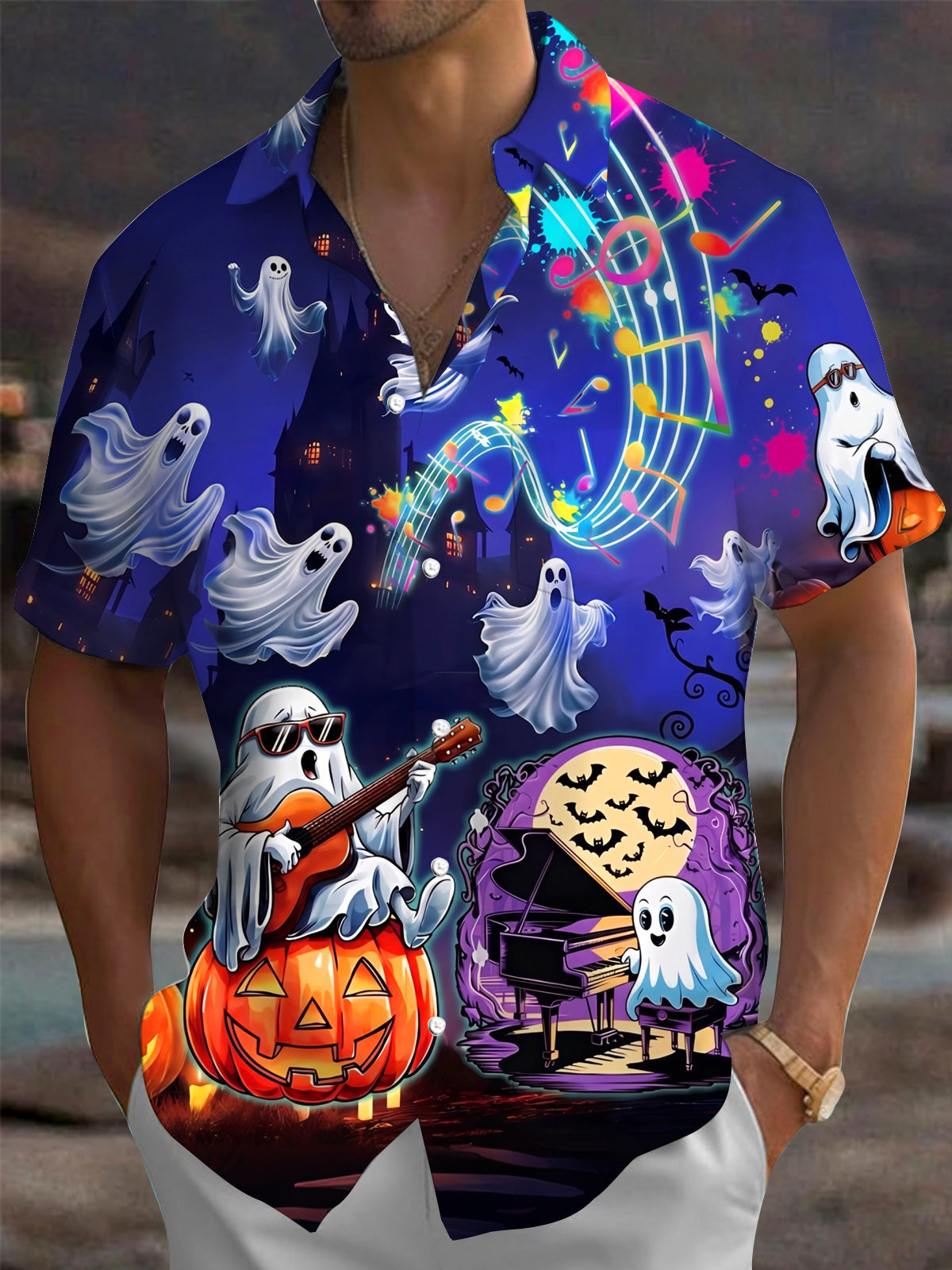 Adaychic Men's Graphic Halloween Ghosts Print Short Sleeve Shirt with Chest Pocket