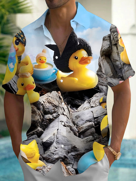 Adaychic Men's Hawaiian Rubber Duck Characters Print Short Sleeve Shirt with Chest Pocket