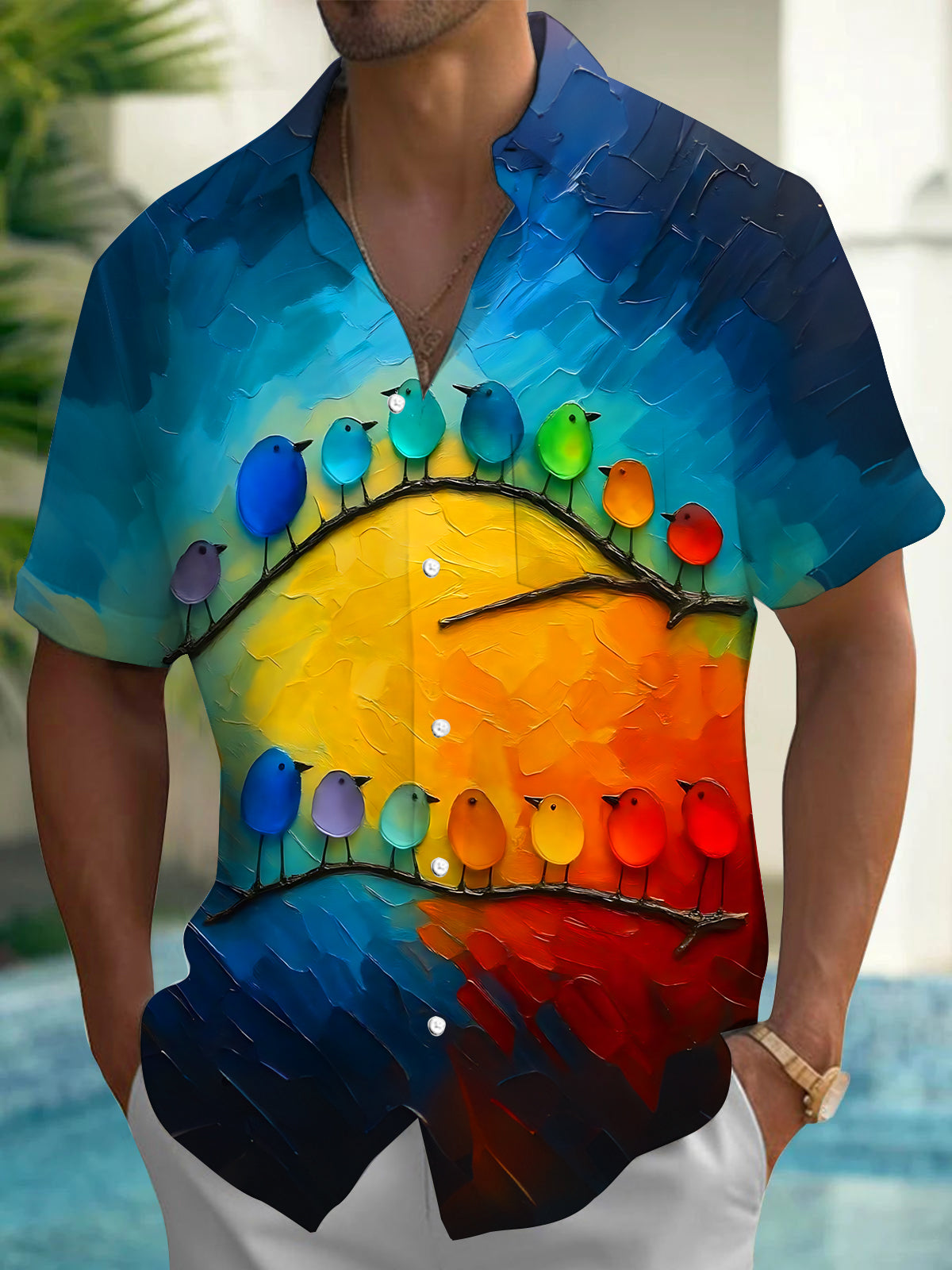 Adaychic Men's Printed Colorful Birds On Branch Print Short Sleeve Shirt with Chest Pocket