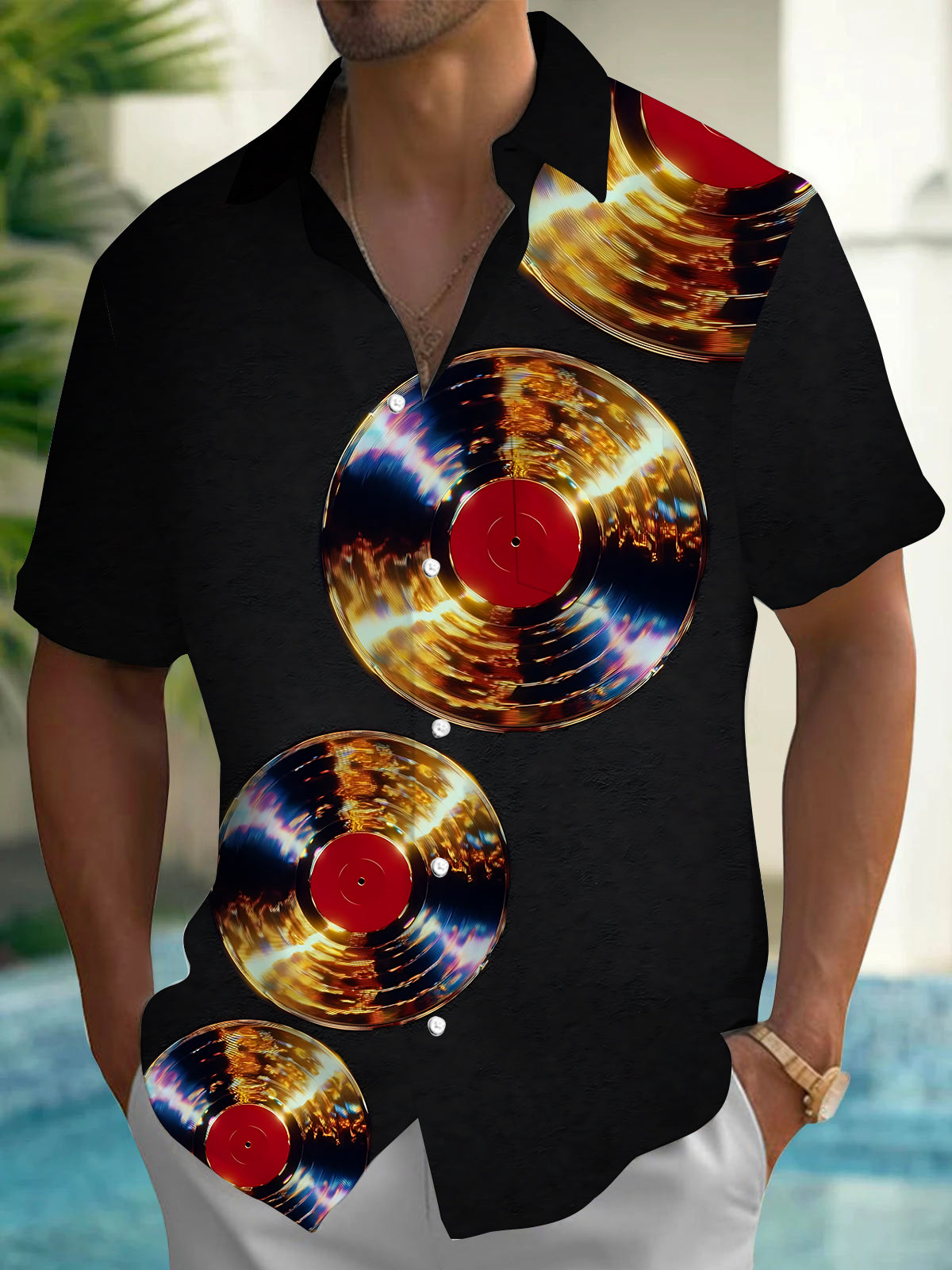 Adaychic Men's Vintage Style Vinyl Records Print Short Sleeve Shirt with Chest Pocket