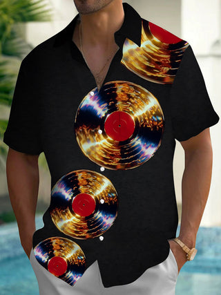 Adaychic Men's Vintage Style Vinyl Records Print Short Sleeve Shirt with Chest Pocket