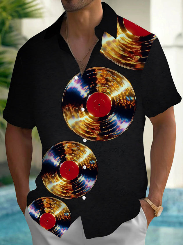 Adaychic Men's Vintage Style Vinyl Records Print Short Sleeve Shirt with Chest Pocket